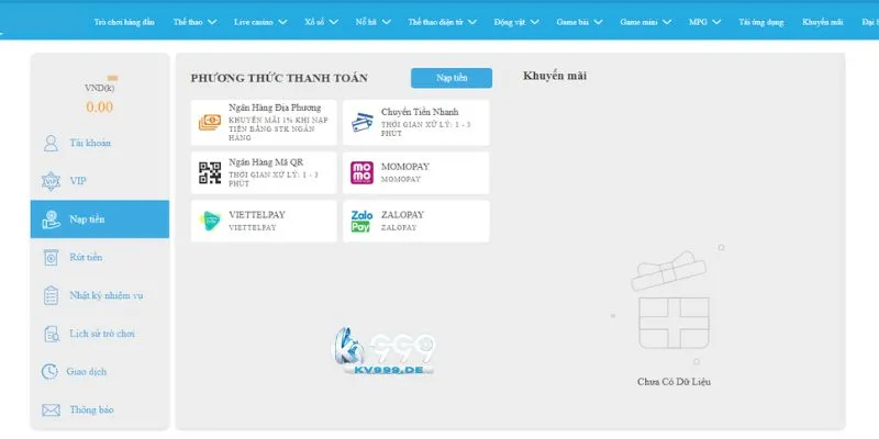 Điều kiện cần đáp ứng khi nạp tiền KV999